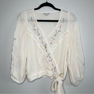 American Eagle Embroidered Faux Wrap Tied Hem Blouse Top Medium